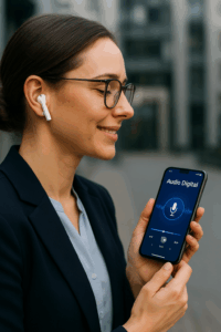 Illustration des solutions d'audio digital proposées par LBMedia : podcast, VMS, campagnes vocales, SMS audio